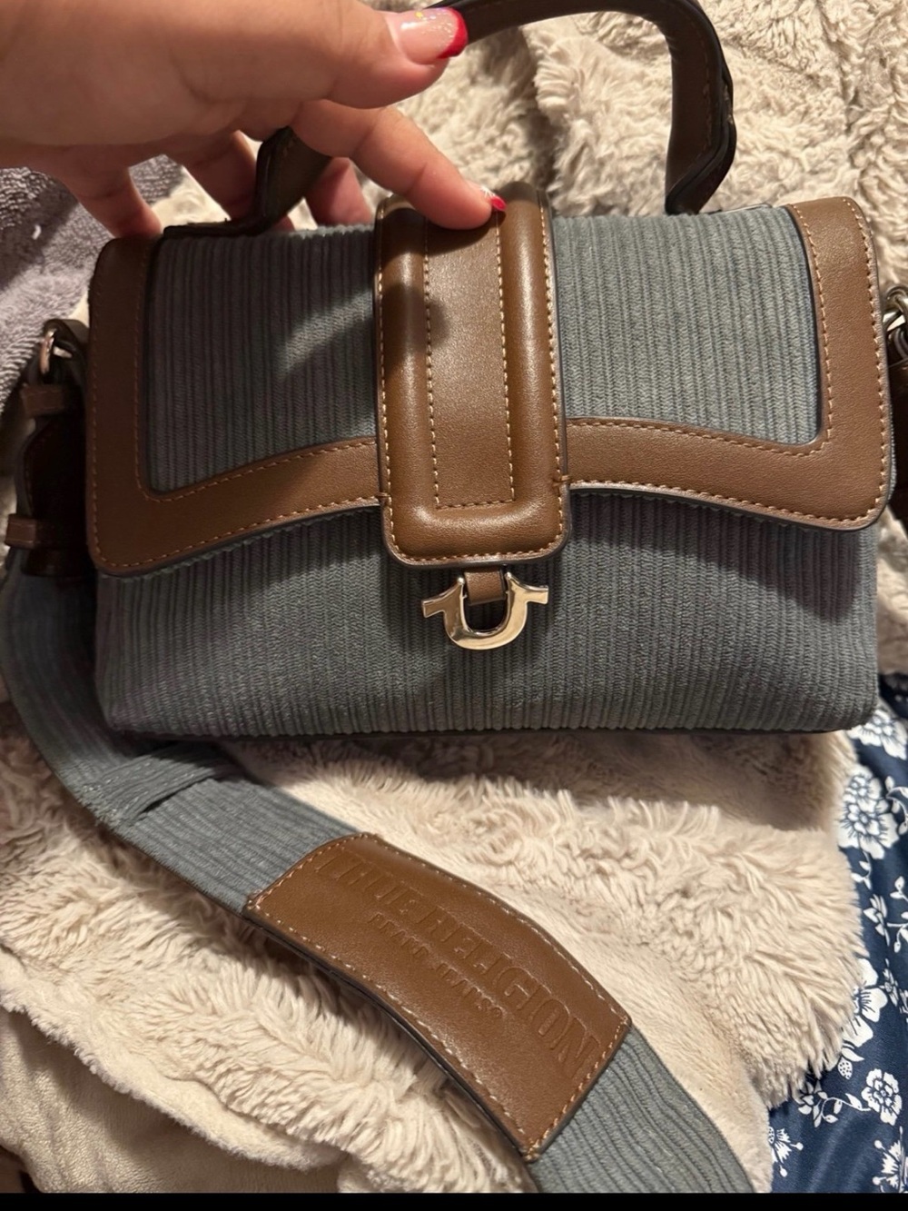 Brown Trim Blue-Grey Ribbed Crossbody Bag - Brand Unspecified